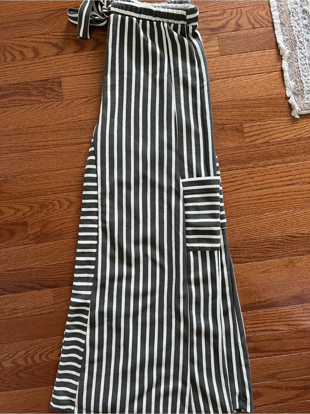 Striped Wide-Leg Tie-Waist Pants in Olive & Cream - Picture 3 of 5